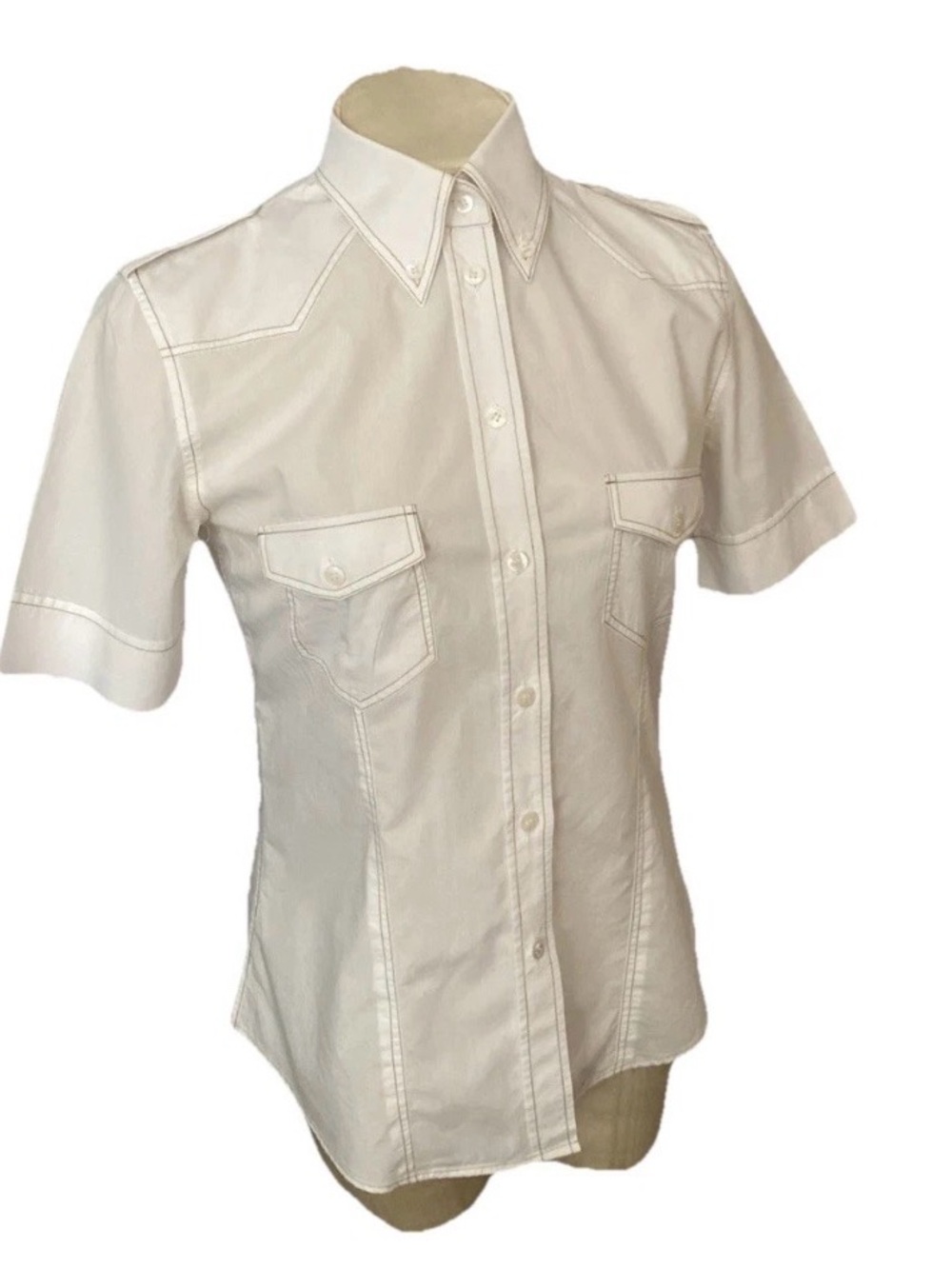 Dolce&Gabbana IT 40 Ivory Fitted Blouse S-M 33.5” Bust Contrast Gold Topstitch